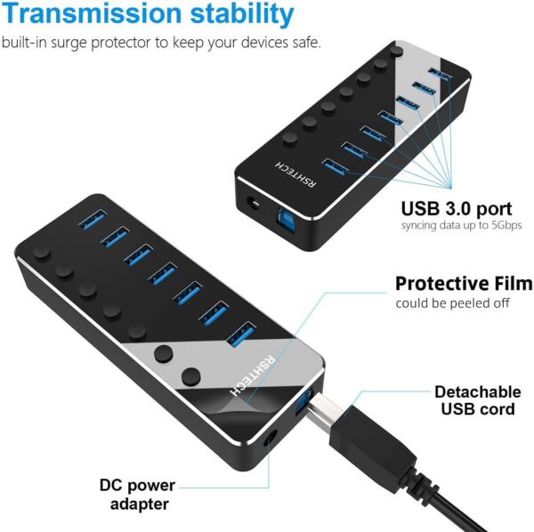 RSHTECH 7-Port USB Hub — USB 3.0, Power Adapter, Individual Switches - Image 5