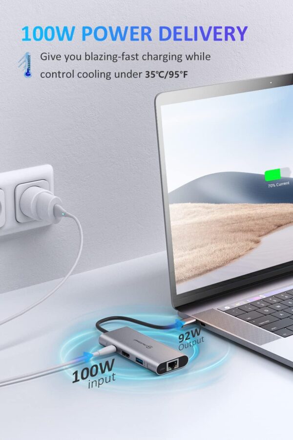 UtechSmart 6-in-1 USB-C Hub with HDMI, Ethernet, USB 3.0, 100W PD – Grey - Image 6