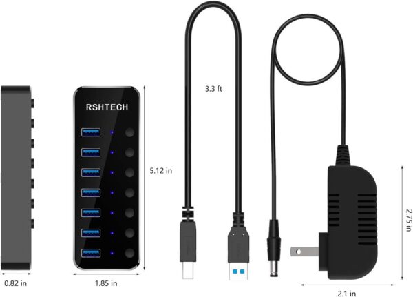 RSHTECH 7-Port USB Hub — USB 3.0, Power Adapter, Individual Switches - Image 7