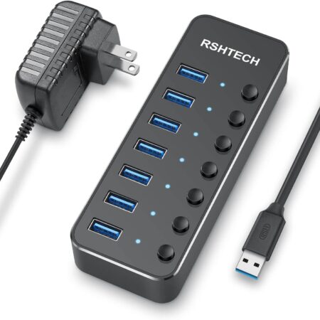 RSHTECH 7-Port USB Hub — USB 3.0, Power Adapter, Individual Switches