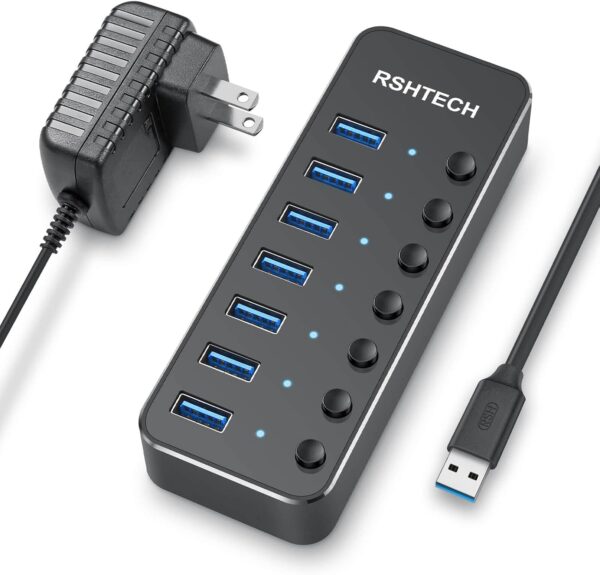 RSHTECH 7-Port USB Hub — USB 3.0, Power Adapter, Individual Switches