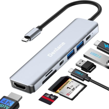 Denlane 7-in-1 USB-C Hub with HDMI, PD, SD, USB-A – Grey