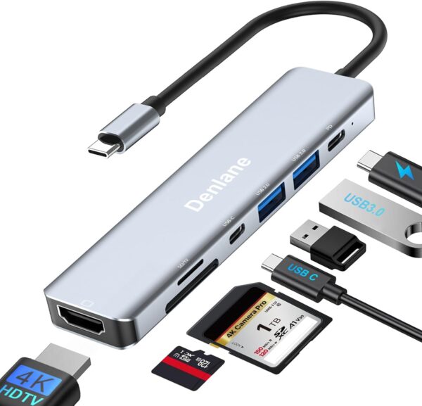 Denlane 7-in-1 USB-C Hub with HDMI, PD, SD, USB-A – Grey