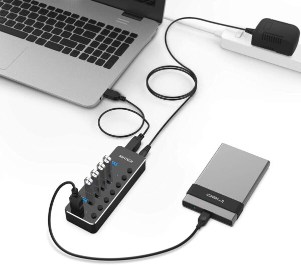 RSHTECH 7-Port USB Hub — USB 3.0, Power Adapter, Individual Switches - Image 3
