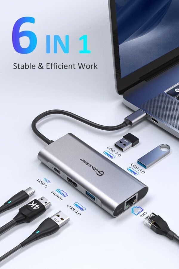 UtechSmart 6-in-1 USB-C Hub with HDMI, Ethernet, USB 3.0, 100W PD – Grey - Image 2