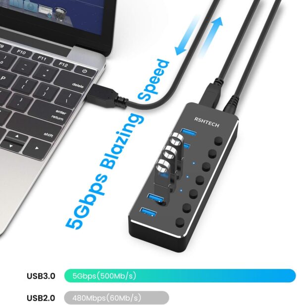 RSHTECH 7-Port USB Hub — USB 3.0, Power Adapter, Individual Switches - Image 2