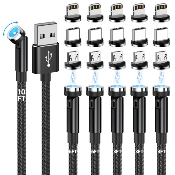 540° Rotating Magnetic Charging Cable – 6-Pack 3-in-1 Set