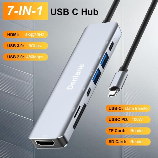 Denlane 7-in-1 USB-C Hub with HDMI, PD, SD, USB-A – Grey - Image 2
