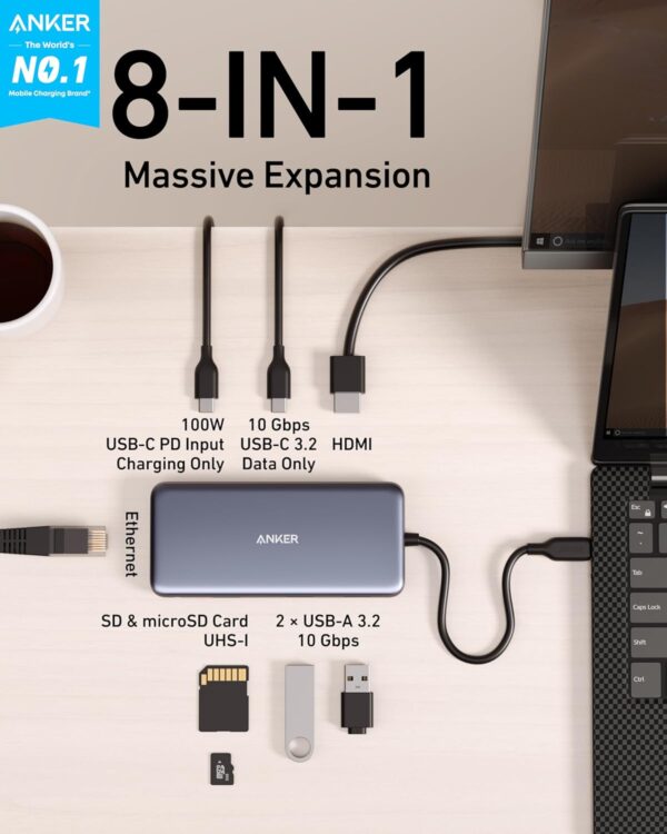 Anker 555 USB-C Hub (8-in-1), with 100W Power Delivery, 4K 60Hz 8-in-1, Gray - Image 2