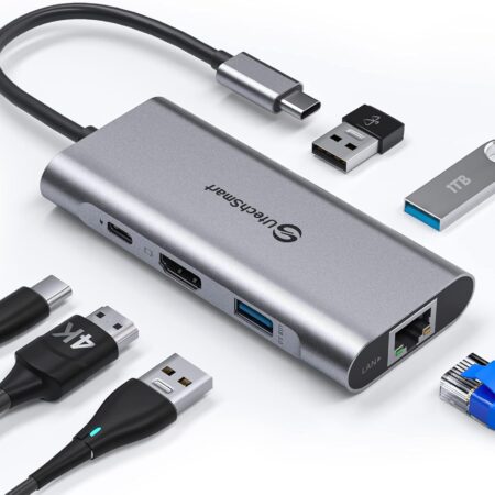 UtechSmart 6-in-1 USB-C Hub with HDMI, Ethernet, USB 3.0, 100W PD – Grey
