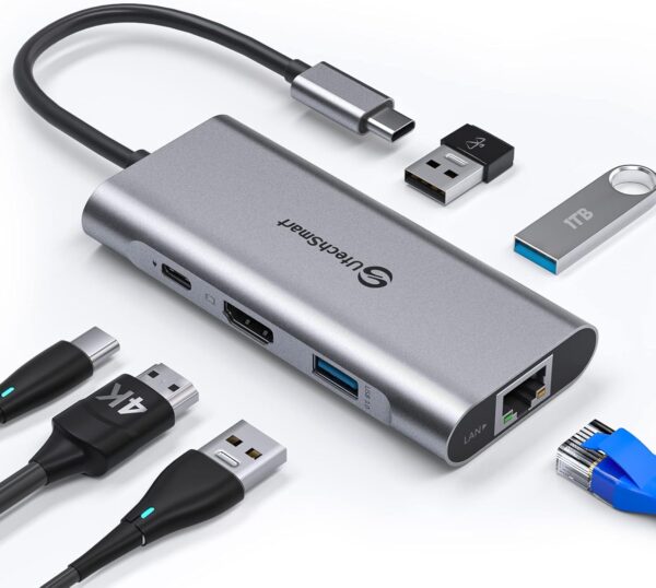 UtechSmart 6-in-1 USB-C Hub with HDMI, Ethernet, USB 3.0, 100W PD – Grey