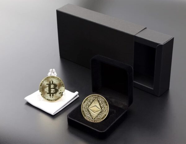 Gold Ethereum Coins Token Set with Velvet Coin Box etc & Btc - Image 2