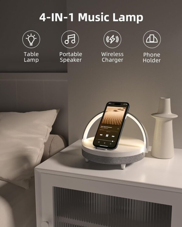 EZVALO Gift for Her, Music Table Lamp with Wireless Charger, 4 Round, White - Image 2