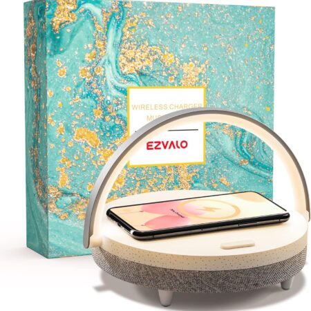EZVALO Gift for Her, Music Table Lamp with Wireless Charger, 4 Round, White