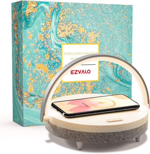 EZVALO Gift for Her, Music Table Lamp with Wireless Charger, 4 Round, White