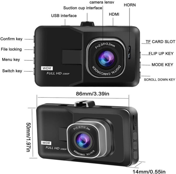 3-inch 1080p High-Definition Dash cam for Cars, 24 Hour Recording, 170° Black - Image 7