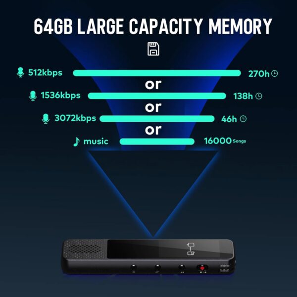 COCONISE 64GB Digital Voice Recorder: HD 3072Kbps Audio Recording - Image 2