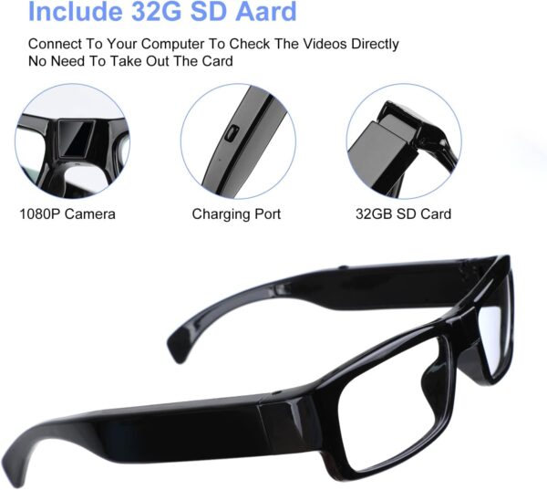 1080P HD Camera Glasses, Video Glasses for Outdoor Sports, Built-in Black - Image 4