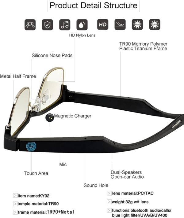 Smart Glasses Bluetooth Audio for Men Women with Built-in Mic &... - Image 6