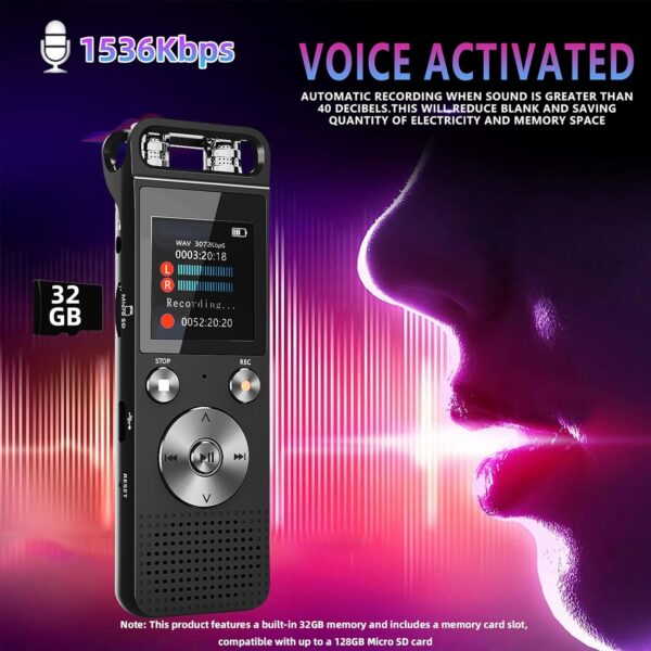 32G Voice Activated Recorder: HD 720° Surround Sound, Password Protected - Image 2