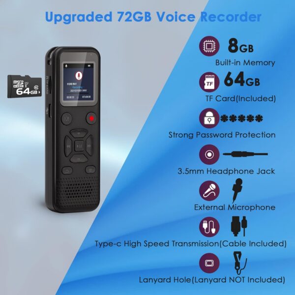 72GB Digital Voice Recorder: Portable Password Protected Audio Device - Image 3