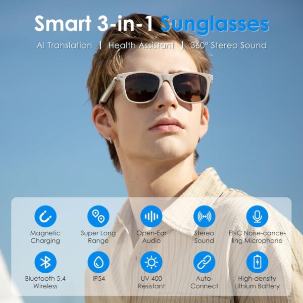 Smart AI Glasses with Translation & Audio - Beige Frame - Image 3